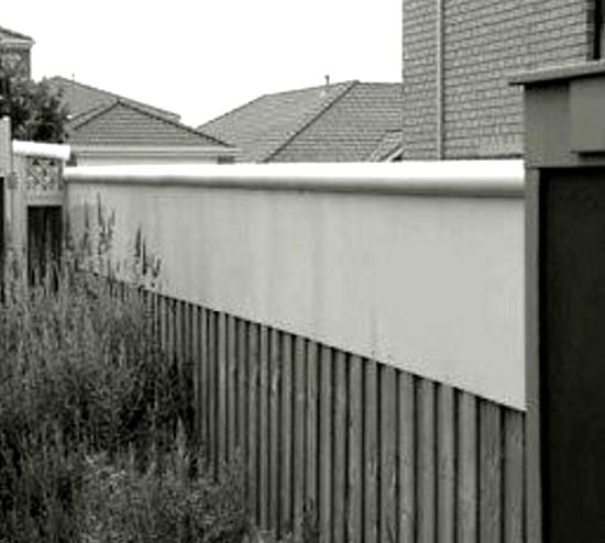 PVC pipe caps on the fence with a color-bond metal panel to help stop cats getting a grip to climb over fences